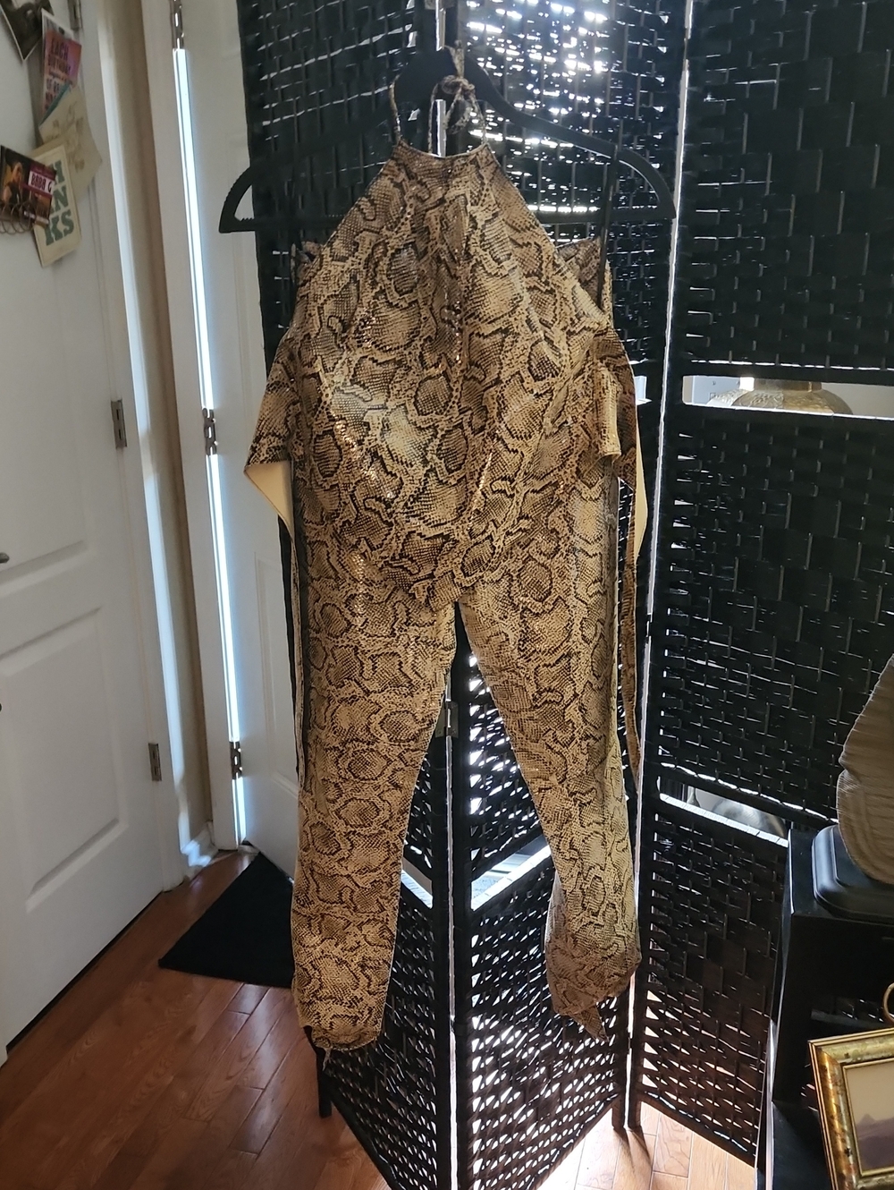 bebe Snake Print Leather Halter Top & Pants in Black & Tan.